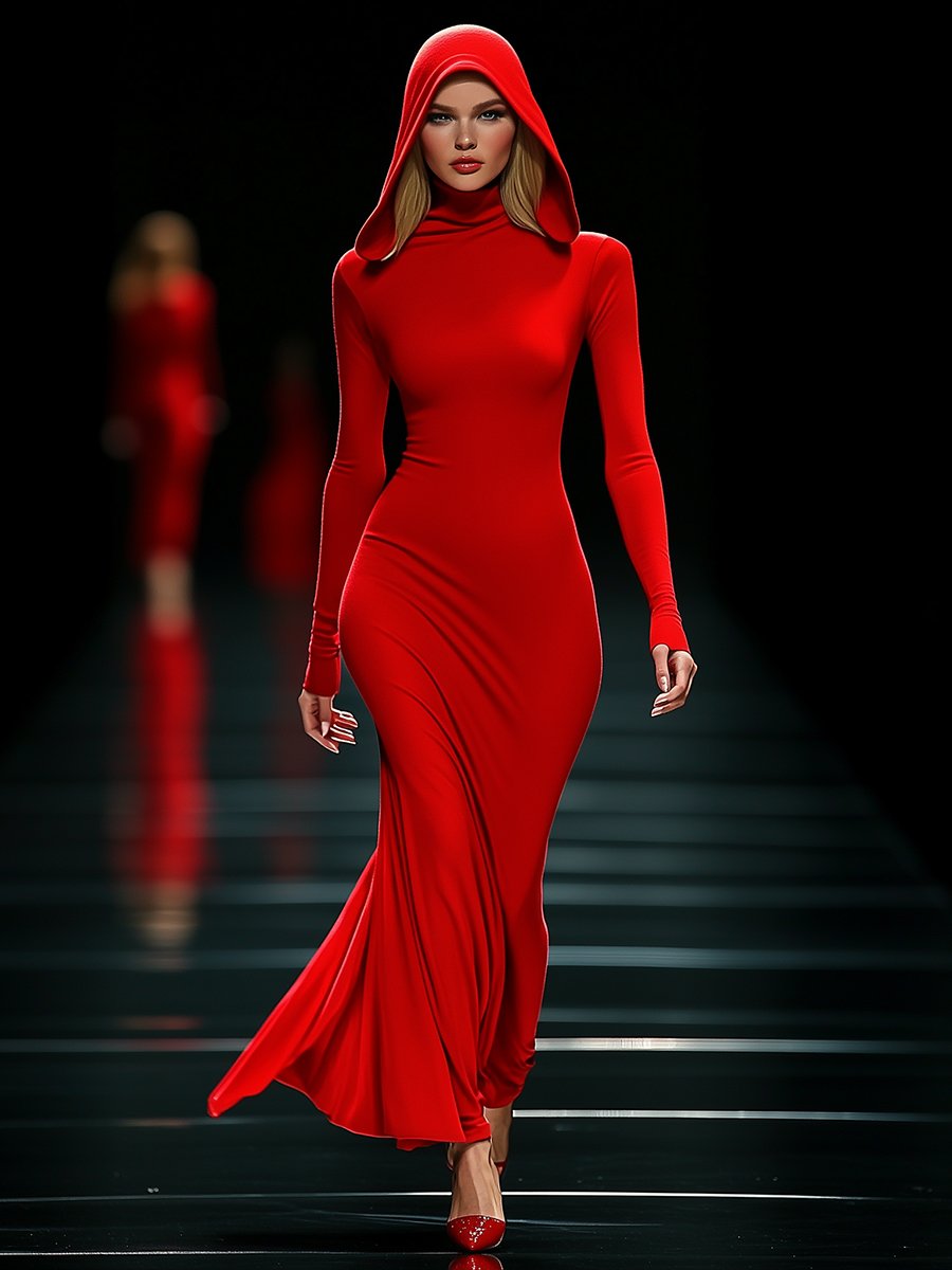 High-end Elegance Slouchy Hooded Red Maxi Dress