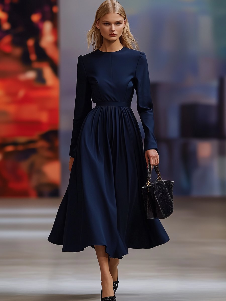 Elegant Round Neck Suiting Long Sleeve Maxi Dress