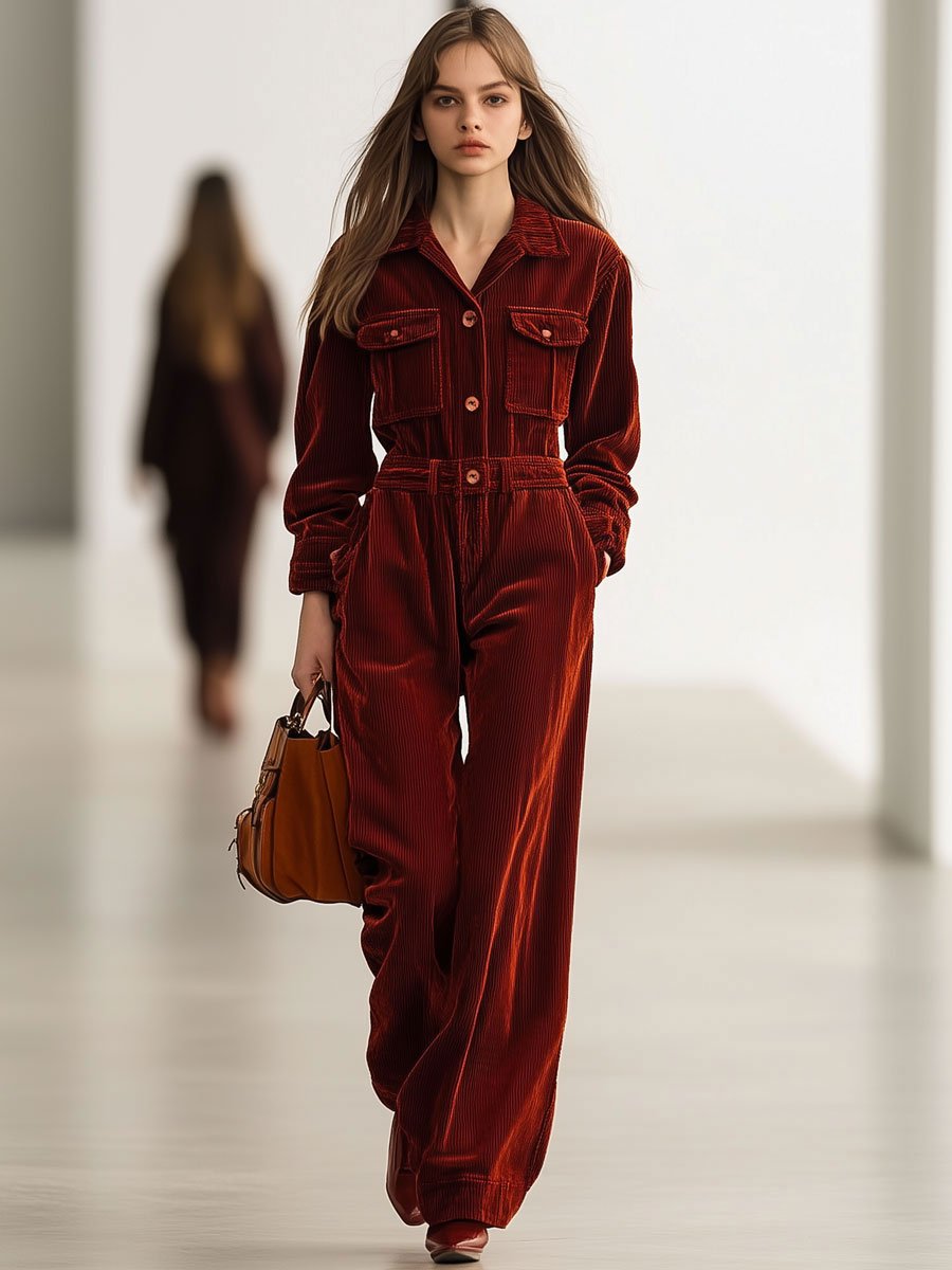 Casual Loose Retro Ankola Red Corduroy Multi-Pocket Long Sleeve Jumpsuit