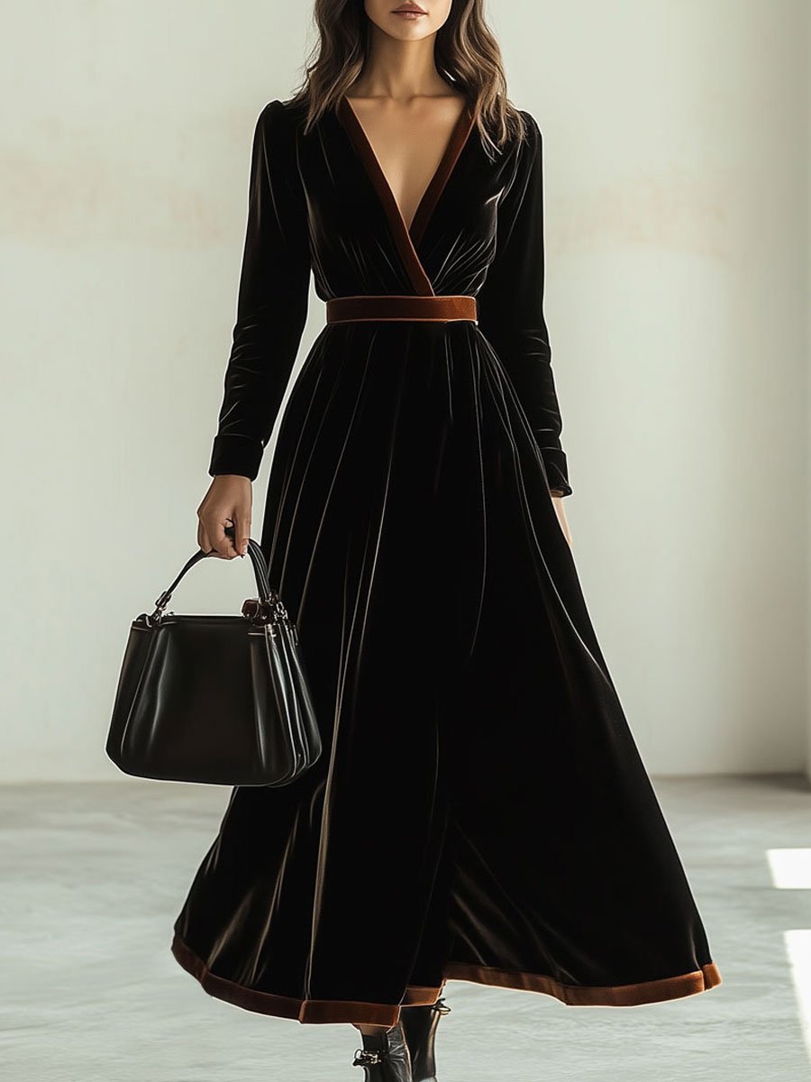 V-Neck Vintage Velvet Colorblock Long-Sleeved Maxi Dress