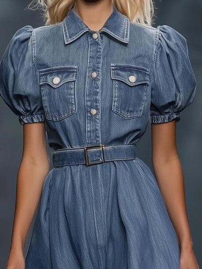 Fashion Slim Fit Denim Short Sleeve Midi Dress