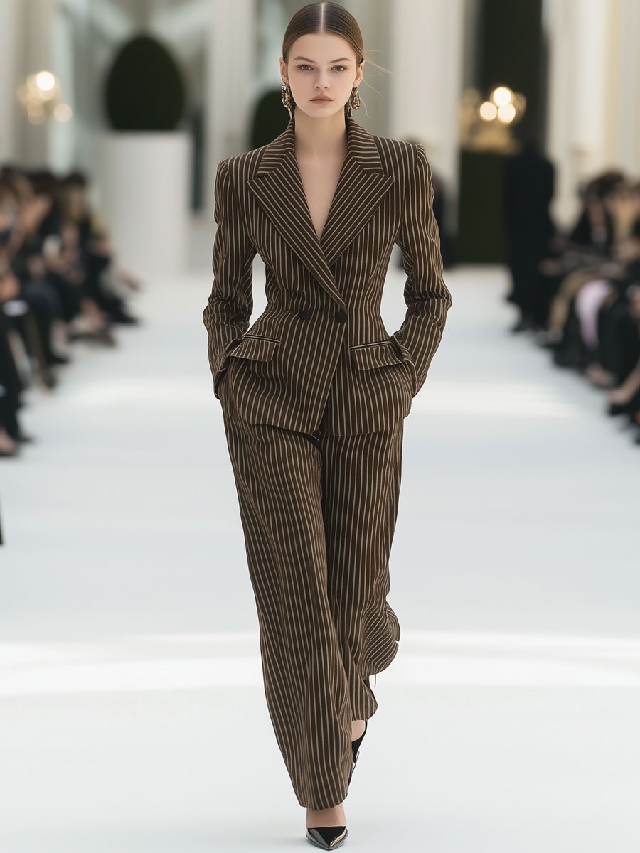 Casual Loose Retro Brown Striped Suit Jacket Wide Leg Pants Set