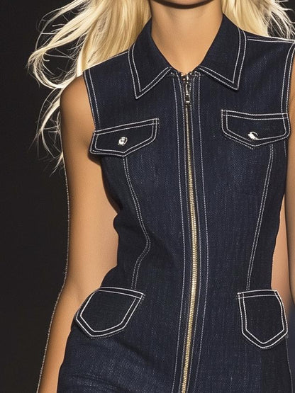 Cool Free Lapel Denim Zipper Mini Dress