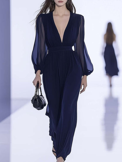 Elegant and Timeless V-neck Pleated Navy Blue Chiffon Jumpsuit