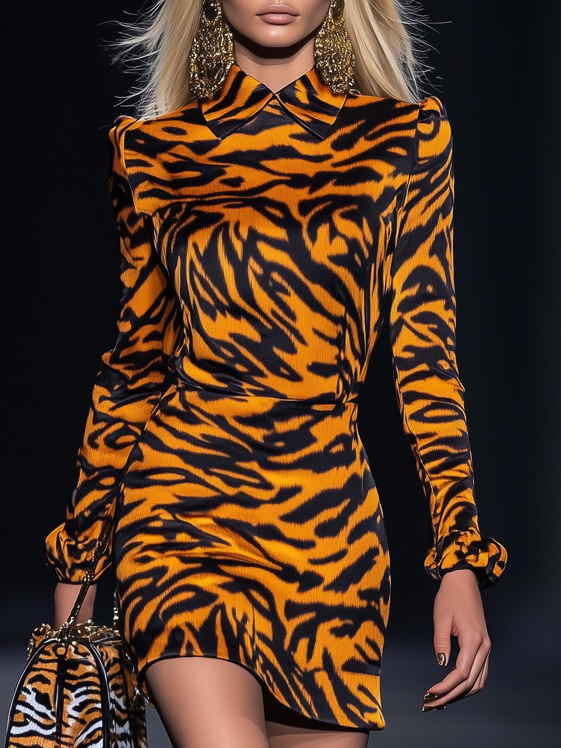 Vibrant Tiger Print Lapel Long Sleeve Mini Dress