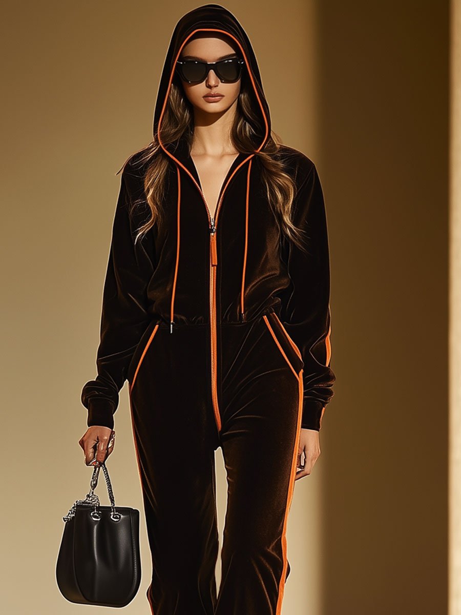 Casual Loose Retro Contrast Velvet Patchwork Zipper Hooded Jumpsuit