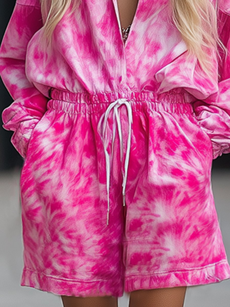 Casual Fashionable Loose Barbie Pink Tie-Dye Shorts Jumpsuit