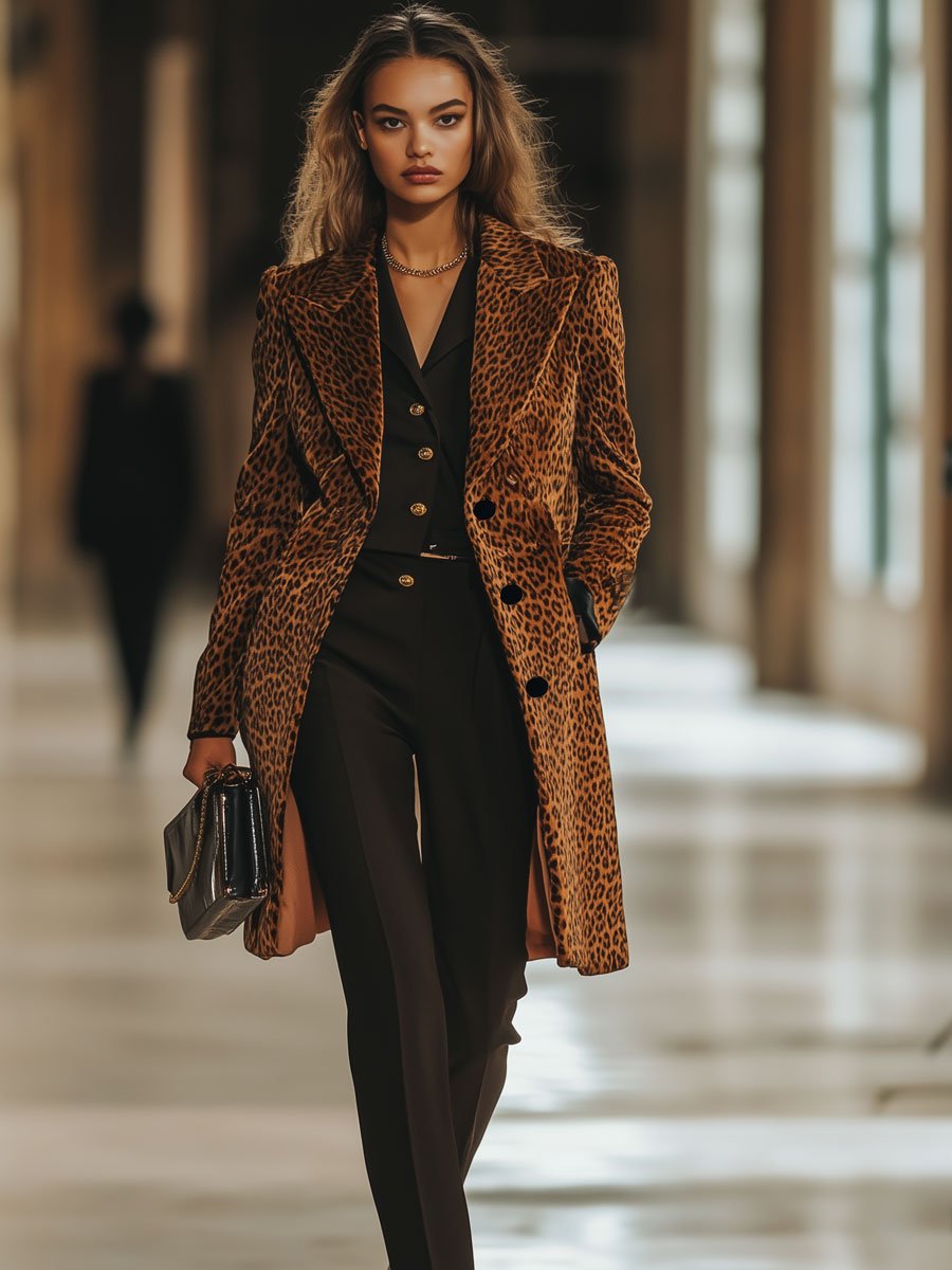 Casual Loose Vintage Velvet Brown Leopard Print Lapel Midi Coat