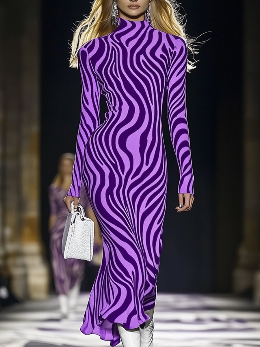 High-End Fashionable Purple Zebra Pattern Knitted Midi Dress