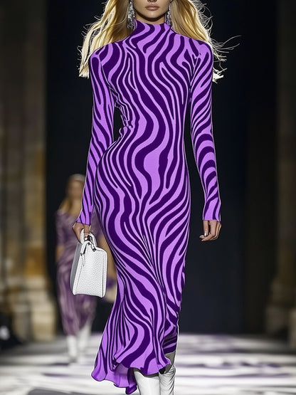 High-End Fashionable Purple Zebra Pattern Knitted Midi Dress