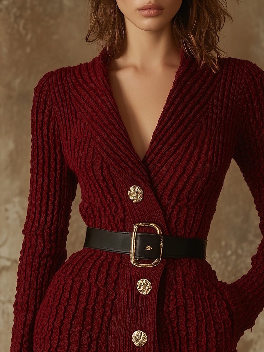 Retro Simple V-neck Decorative Button Burgundy Knitted Mini Dress