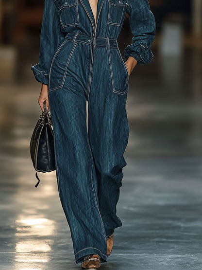 Casual Loose Contrast Line Multi-Pocket Long-Sleeved Denim Jumpsuit