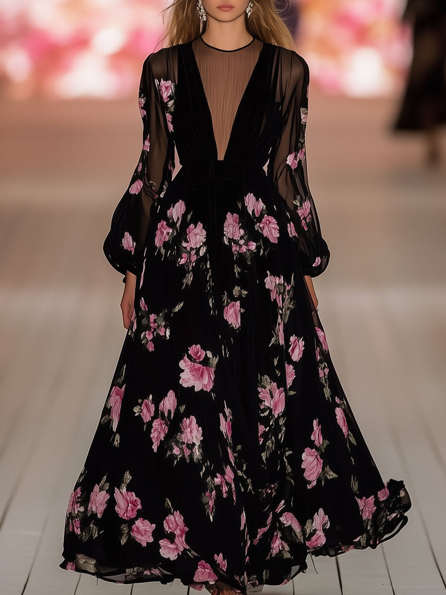 Romantic Illusion Neck Collar Printed Black Chiffon Puff Sleeve Maxi Dress