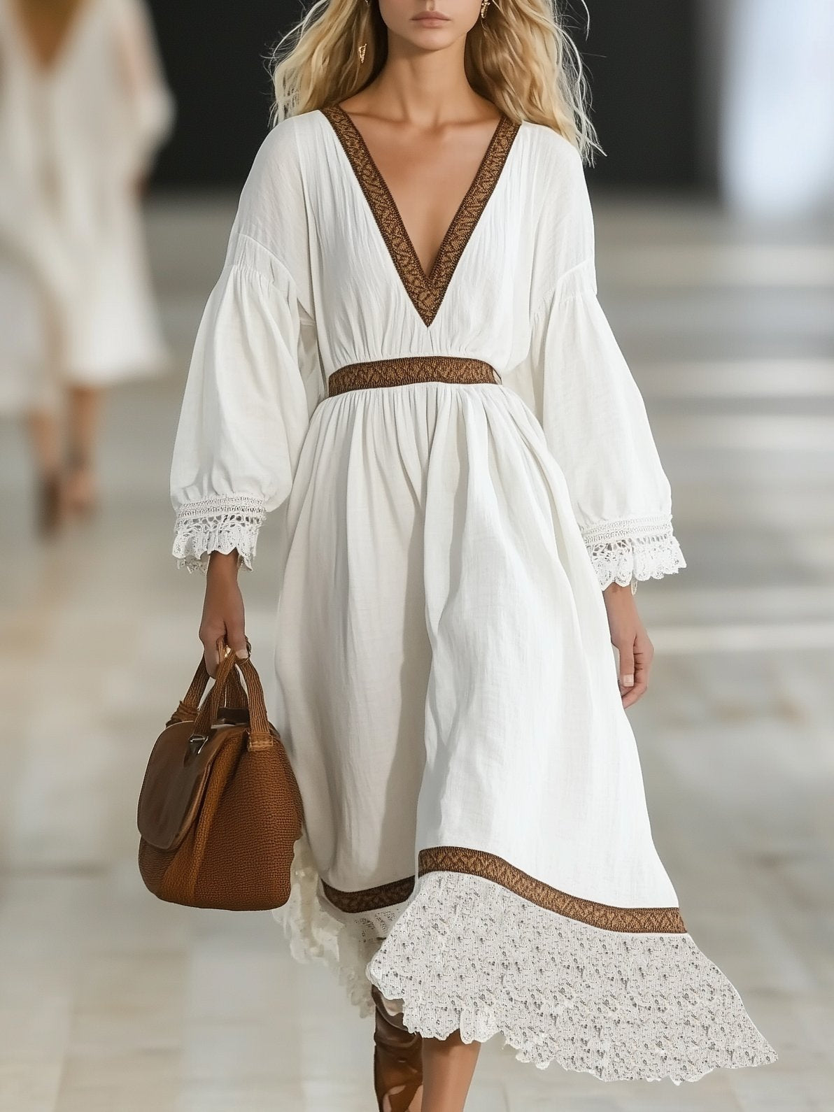 Bohemian Style White Long-Sleeved Maxi Dress