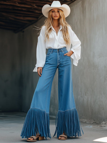 Retro Loose Fashionable Tassel Stitching Wide-Leg Jeans