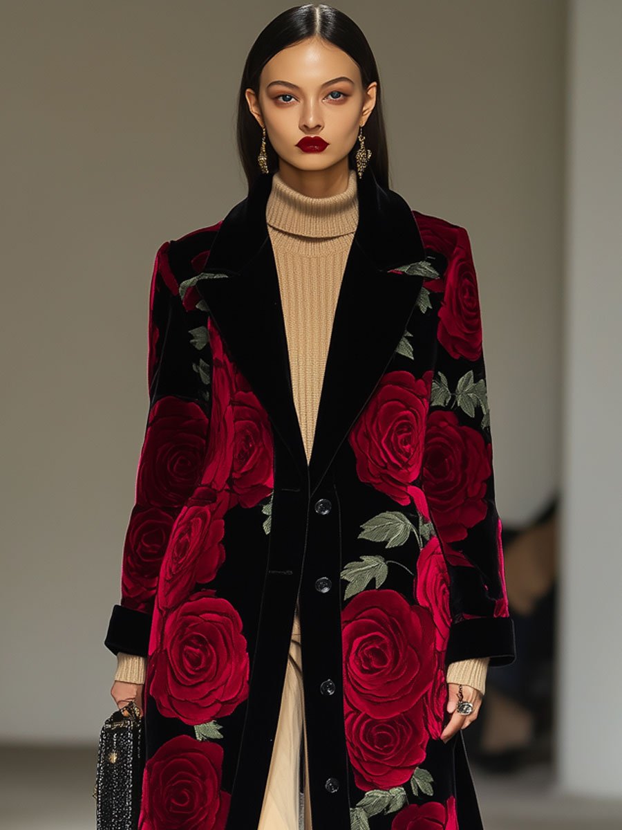 Casual Loose Vintage Velvet Rose Print Lapel Pocket Midi Coat