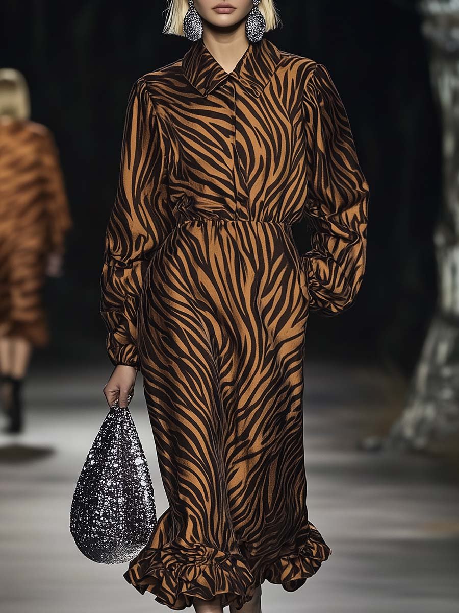 Personalized Fashionable Shirt-style Brown Zebra Print Jumpsuit