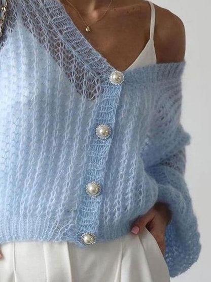 Fresh Blue Thin Knitted Long-Sleeved Cardigan