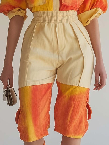 Fashionable and Vibrant Shirt-Style Orange Tie-Dye Contrast Short Jumpsuit