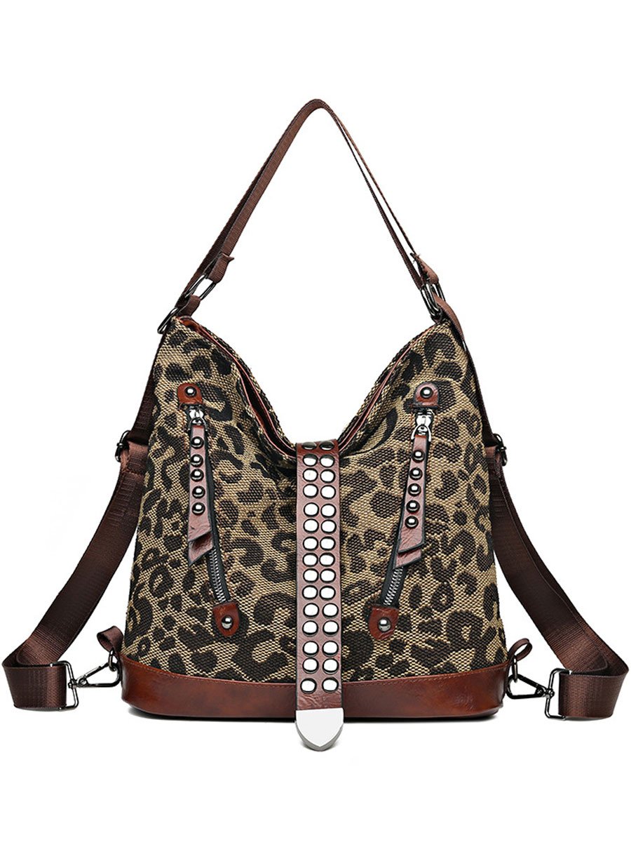 Fashion Leopard Studded Belt Shoulder Tote Bag