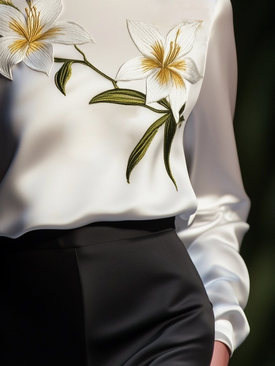 Fashionable High-end Back Open Collar White Embroidered Satin Top Blouse