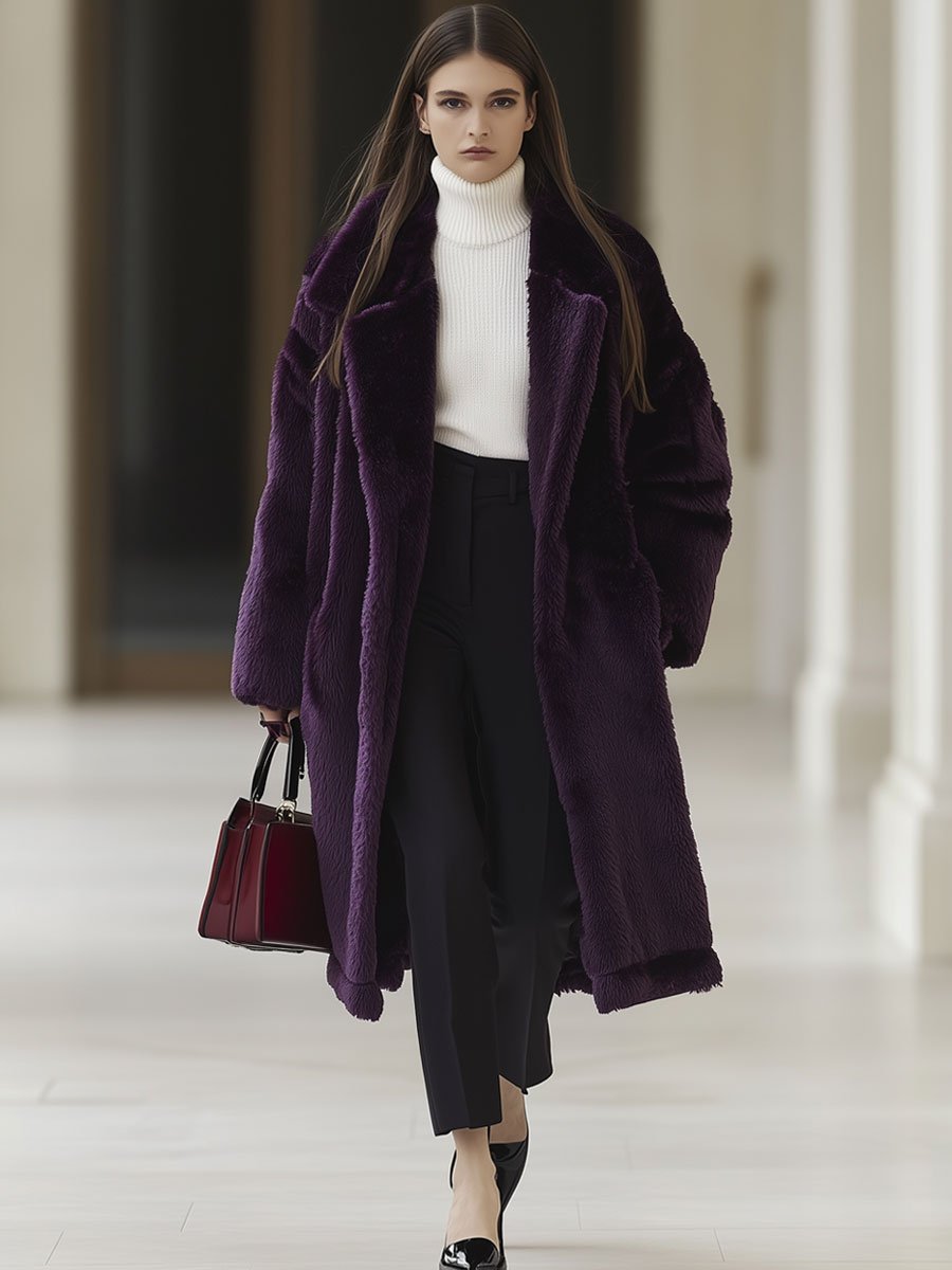 Casual Loose Vintage Purple Faux Fur Mid-Length Pocket Coat