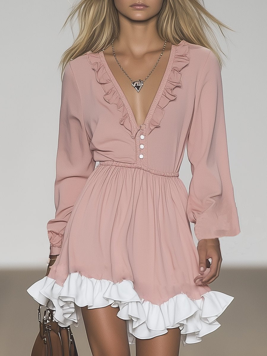 Soft Light Pink Ruffled Long Sleeve Mini Dress