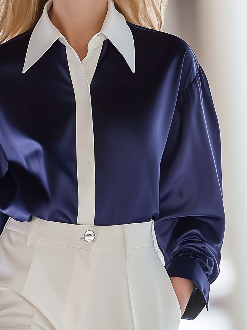 Basic All-Match Dark Blue Lapel Long-Sleeved Shirt