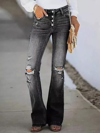 Casual Fashion Retro Slim Fit Multi-Button High Waist Flared Jeans