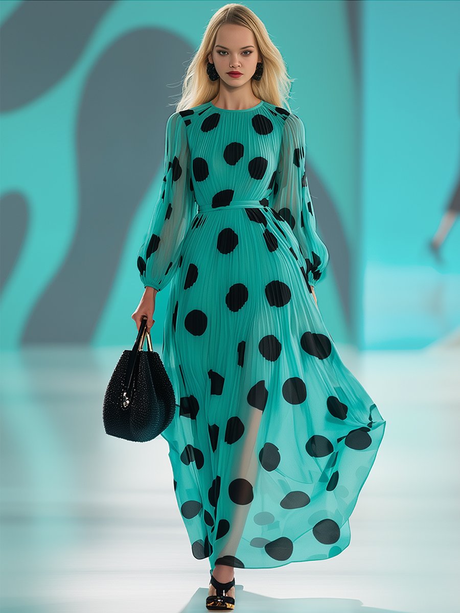 Romantic Flowing Polka Dot Chiffon Long Sleeve Maxi Dress