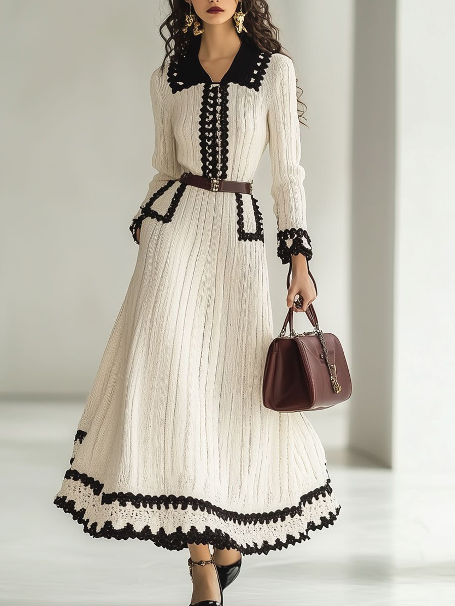 Fashion Retro Knitted Colorblock Long Sleeve Maxi Dress