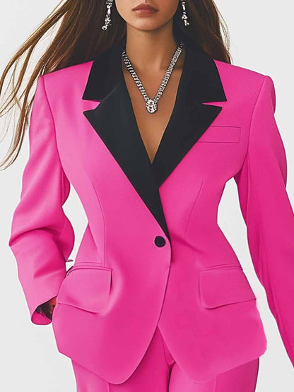 Elegant Party Black Contrast Collar Bright Pink Suit