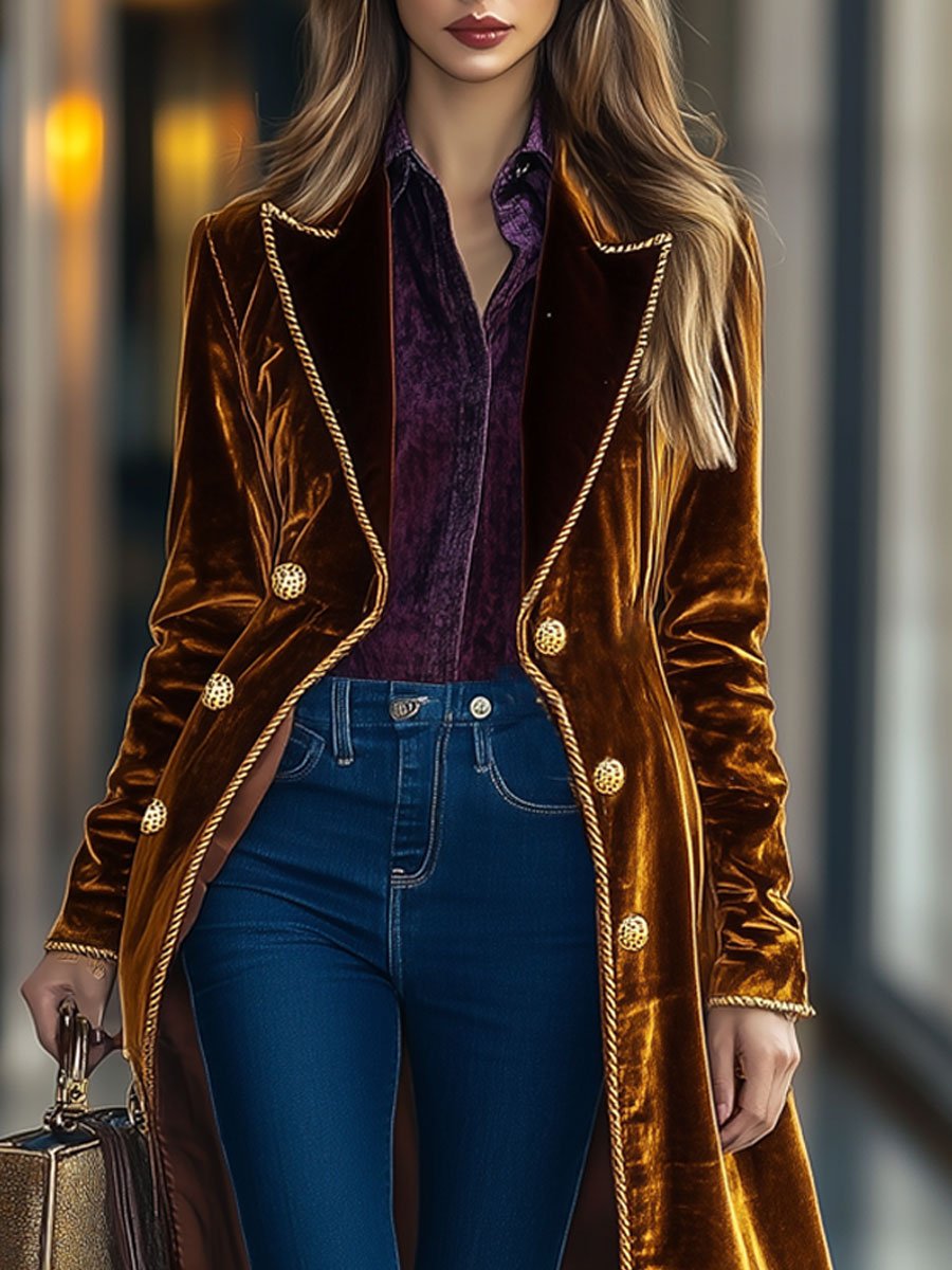 Casual Loose Retro Velvet Gold-Rimmed Lapel Double-Breasted Coat