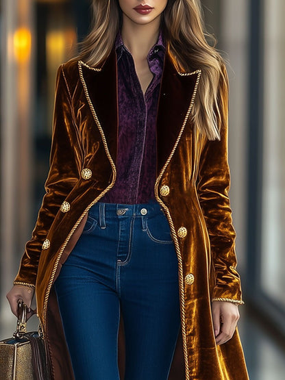 Casual Loose Retro Velvet Gold-Rimmed Lapel Double-Breasted Coat