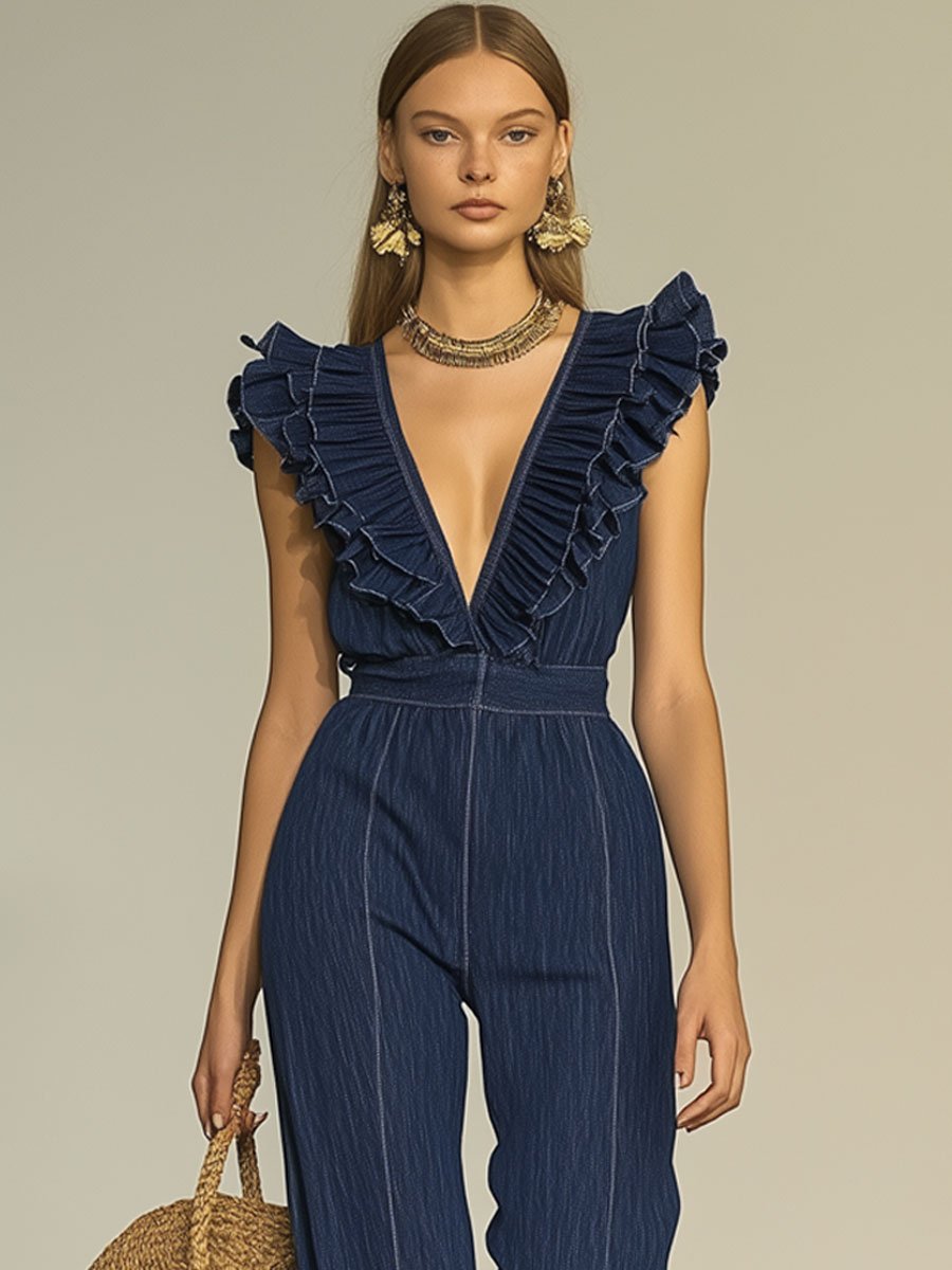 Fashion Retro V-Neck Ruffle Sleeveless Wide-Leg Flared Denim Jumpsuit