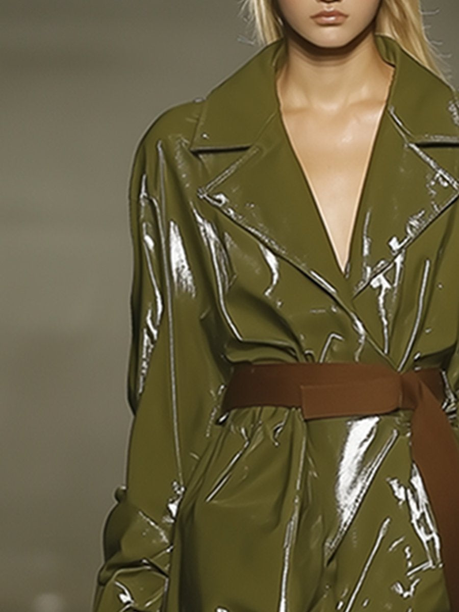 Casual Loose Patent Leather Olive Green Coat