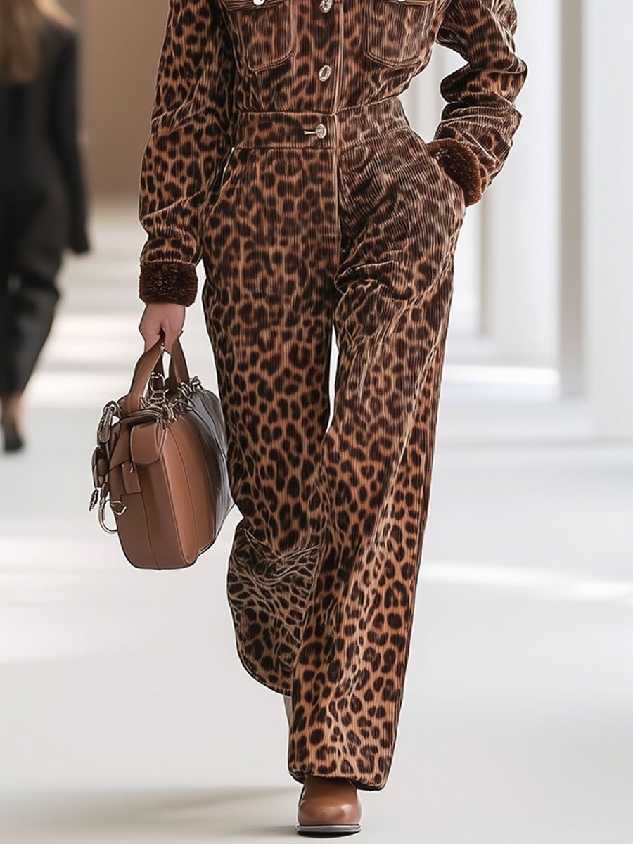 Casual Loose Retro Corduroy Leopard Fur Collar Long Sleeve Jumpsuit