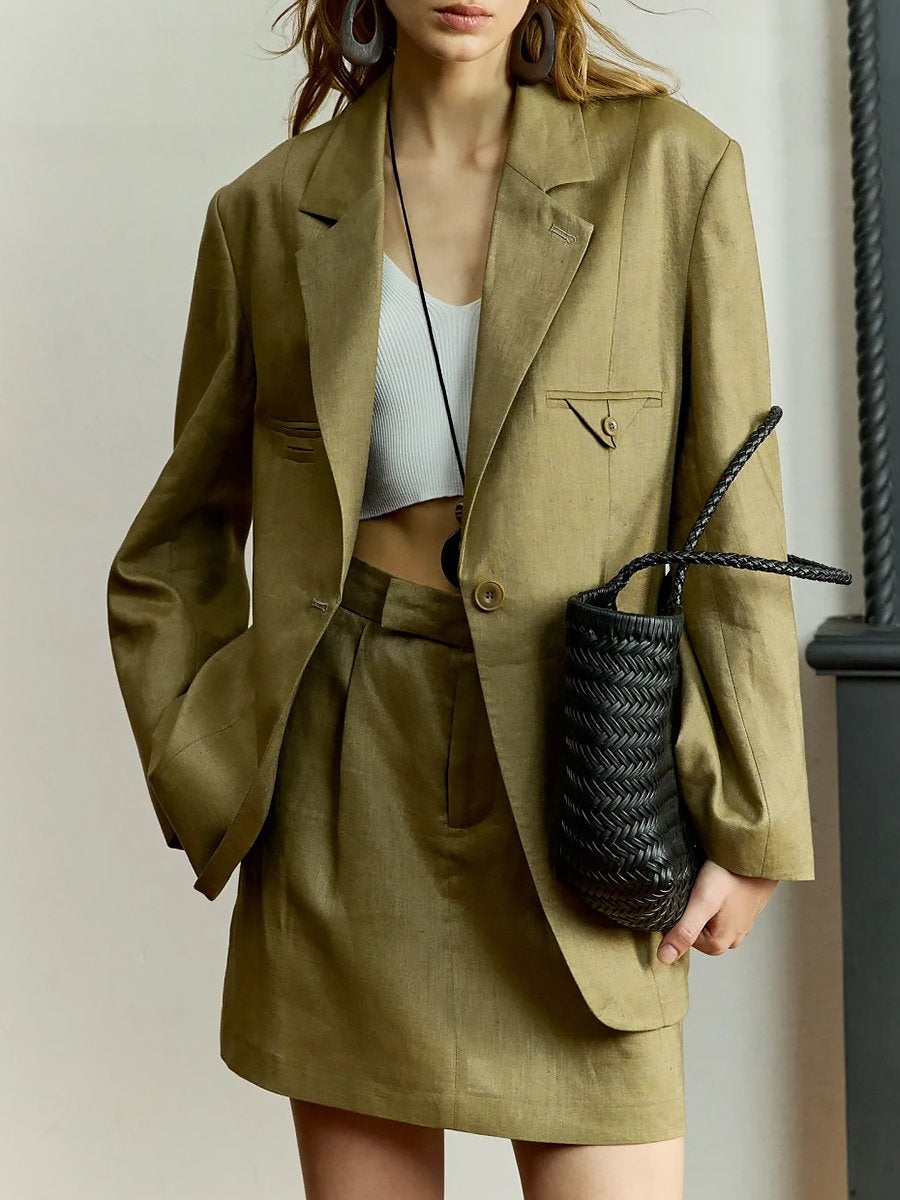 Casual Simple Loose Moss Green Suit Skirt Set