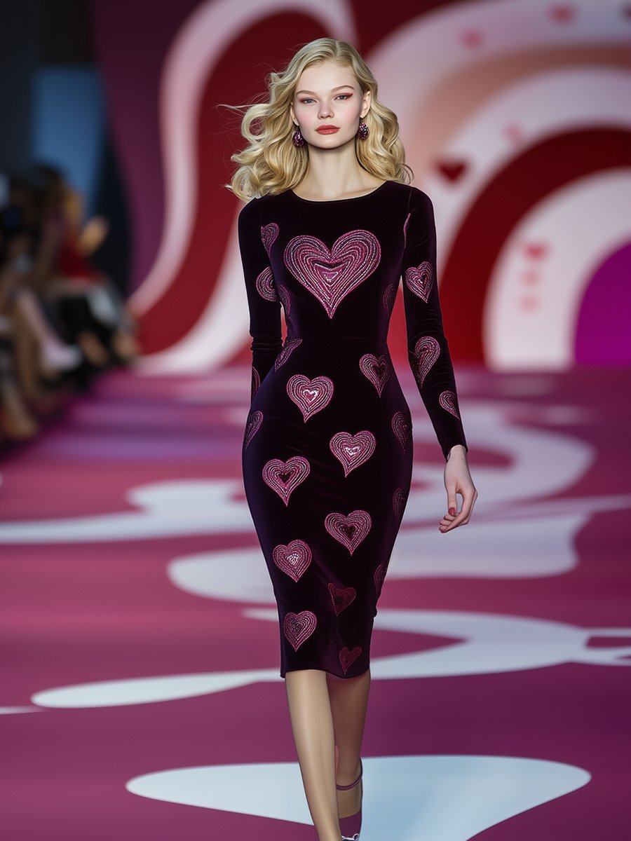 Elegant Fashion Romantic Pink Heart Print Midi Dress