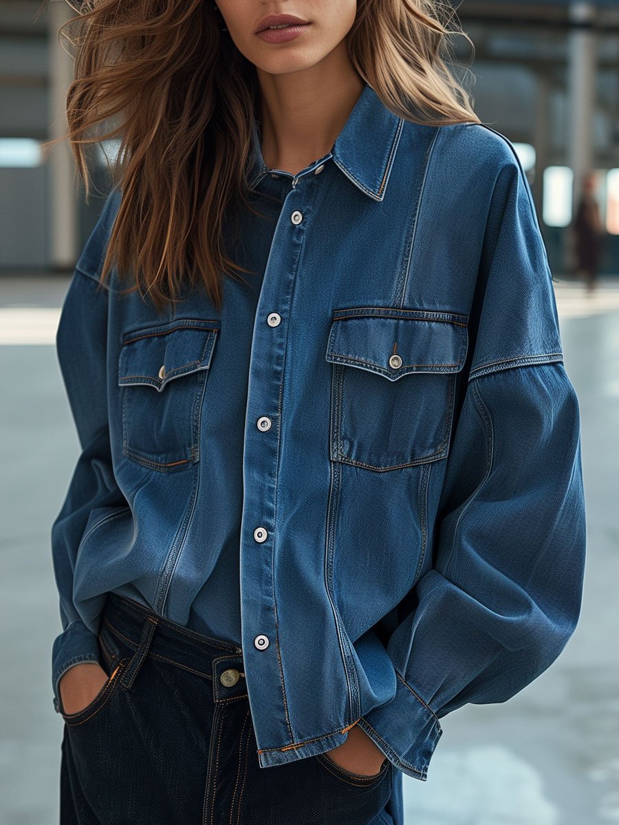 Casual Loose Pocket Vintage Denim Shirt Jacket