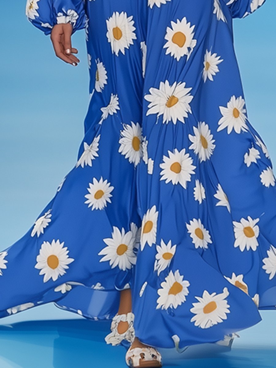 French Elegant Hollow V-Neck Daisy Print Maxi Dress