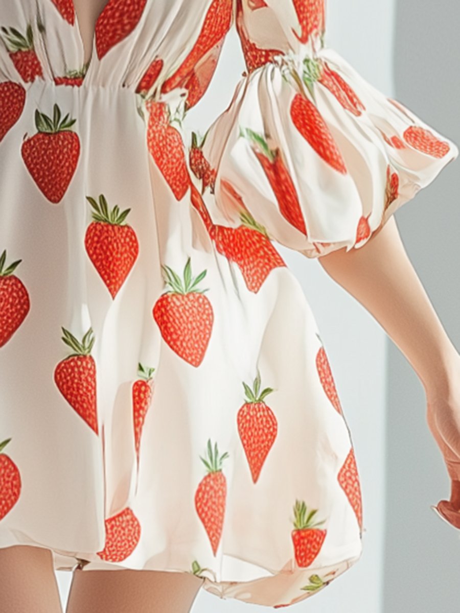 Fashion Strawberry Printed Chiffon Puff Sleeve Mini Dress