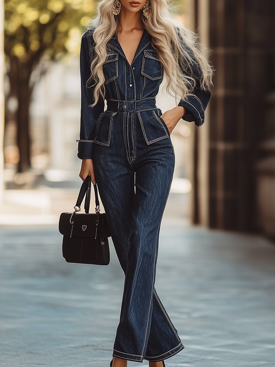 Casual Loose Vintage Denim Pocket Zipper Jumpsuit