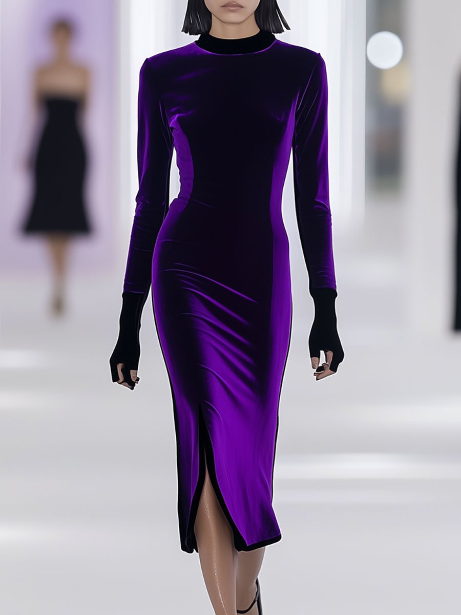 Fashion Retro Black Trim Purple Velvet Slit Long Sleeve Midi Dress