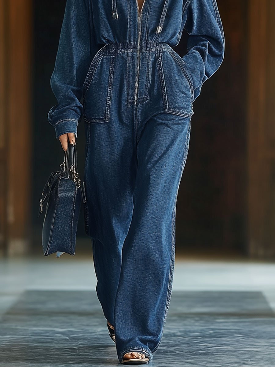 【24-hour shipping】Casual Loose Retro Elastic Waist Zipper Long Sleeve Hooded Denim Jumpsuit