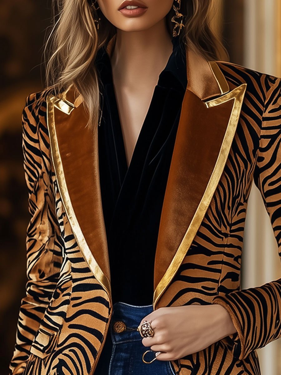 Casual Loose Vintage Velvet Zebra Print Gold Edge Lapel Blazer