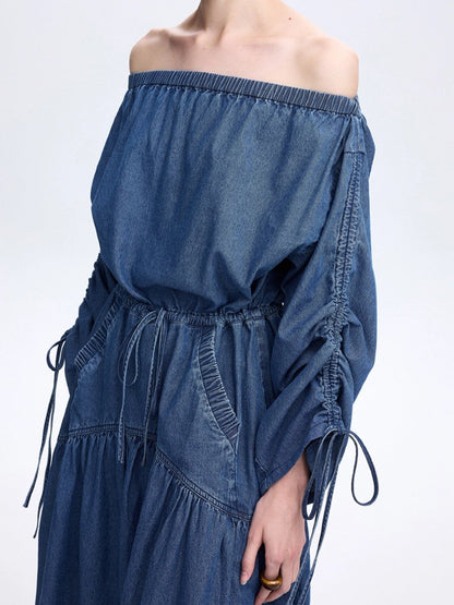 Casual Loose Fashion One Shoulder Drawstring Denim Midi Dress