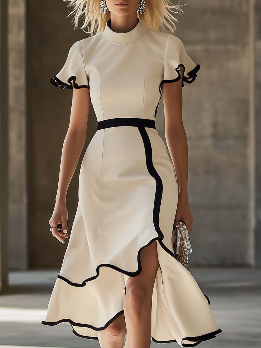 Elegant Half-high Collar Black Edge Asymmetrical Beige Midi Dress