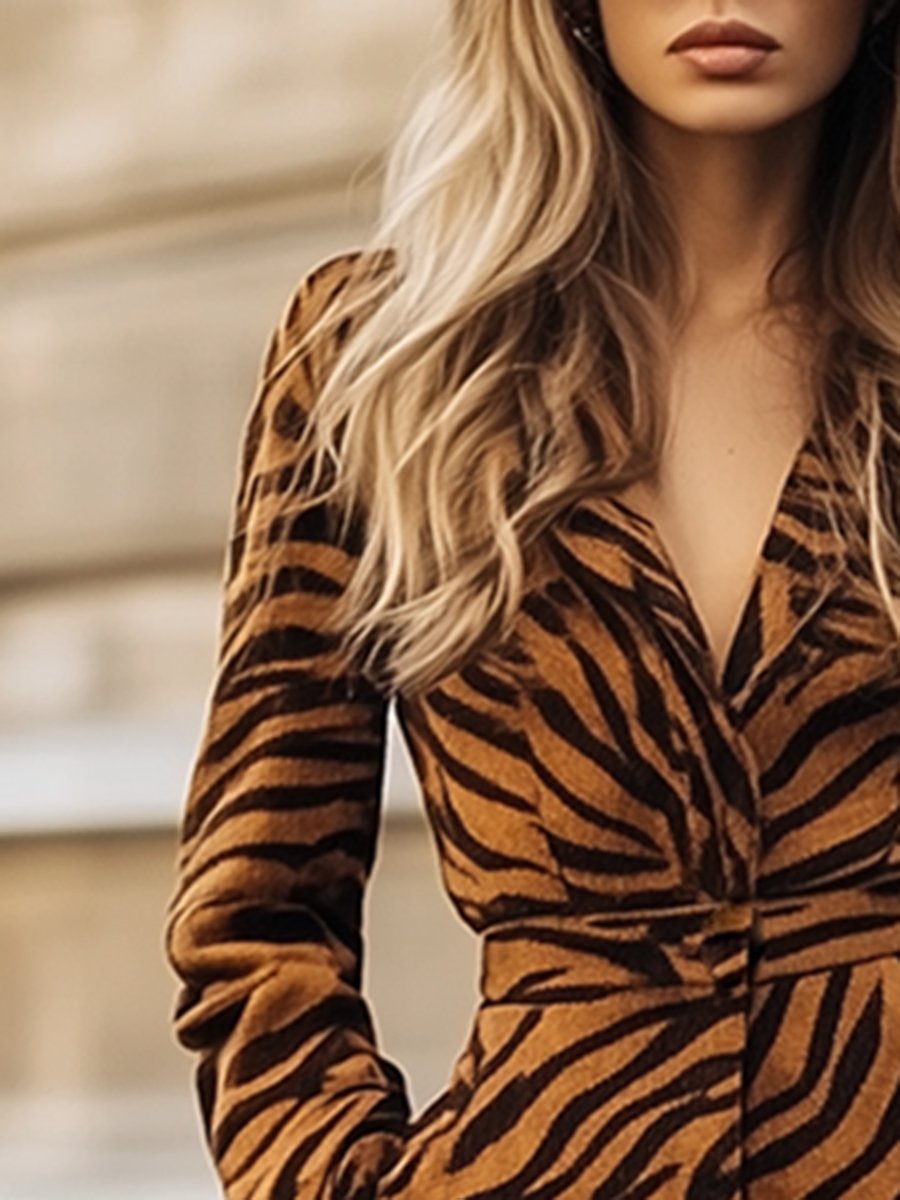 Casual Loose Retro Suede Zebra Print Lapel Long Sleeve Jumpsuit