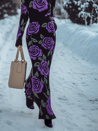 Fashionable Casual Slim High Collar Purple Rose Knitted Maxi Dress